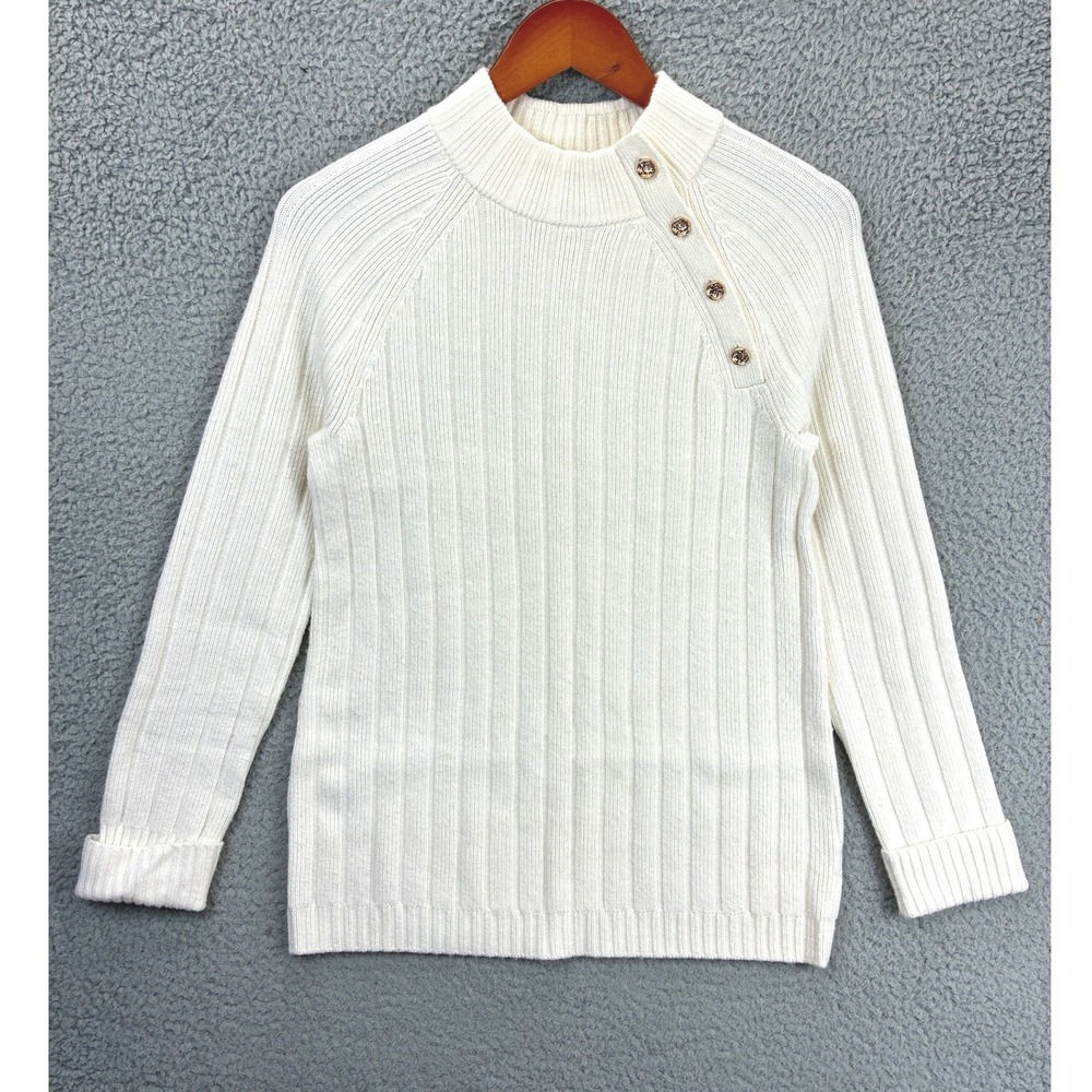 Talbots Button Shoulder Mock Neck Sweater Womens S Cream Ribbed Knit Preppy